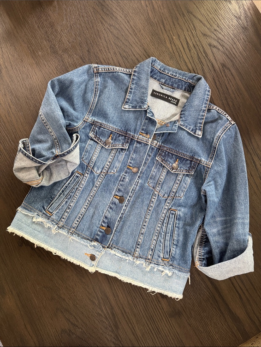 Veronica Beard Denim Jacket with Frayed Hem - Medium Blue